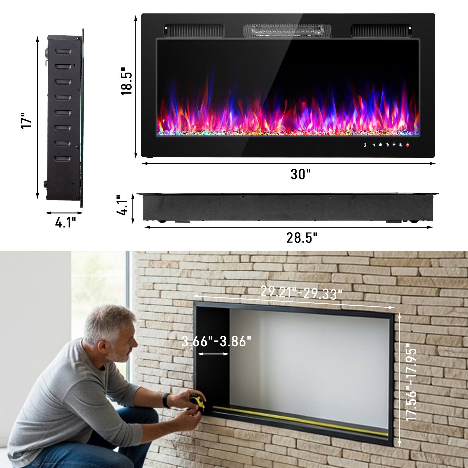 17" x 18.5" x 4.1"  
30" x 28.5" x 4.1"  
29.21" - 29.33"  
3.66" - 3.86"  
17.56" - 17.95"  
36"  
17.56" - 17.95"