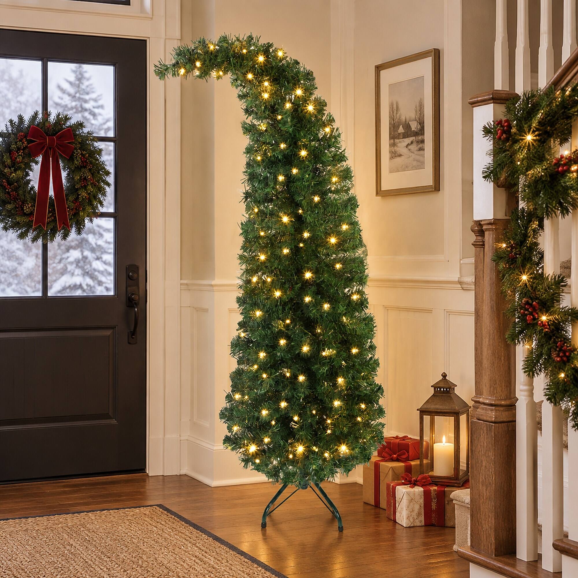 Alt View 1. RYHNUYNE - 5 Ft Bent Top Slim Fir Artificial Christmas Tree With 100 LED Lights, Metal Stand Whimsical Holiday Decor - Green.