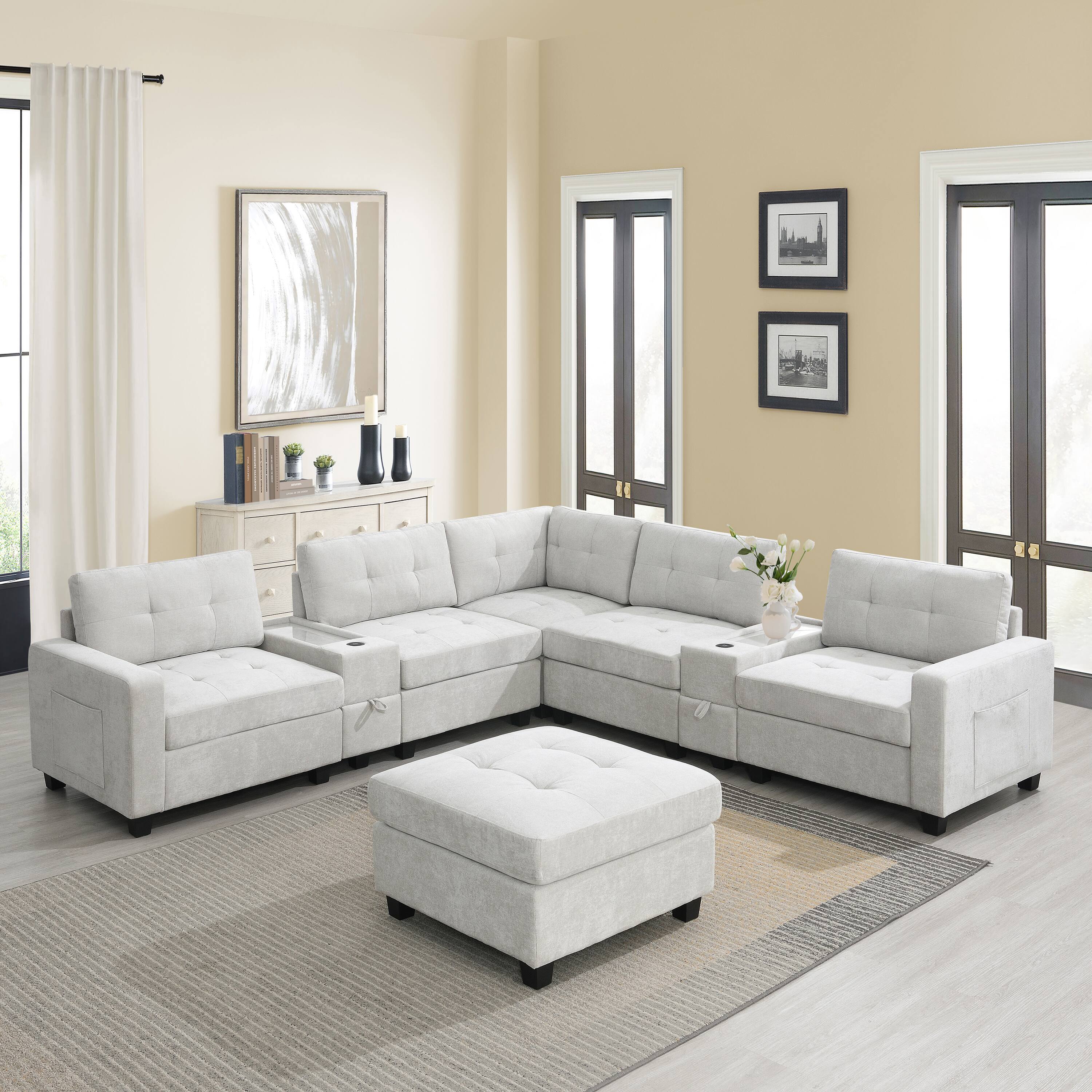 Angle. Whisen - 104" Chenille L-Shaped Sectional Sofa with Movable Ottoman for Living Room - Light Gray.