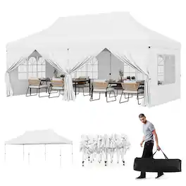 Gymax - 10 x 20 FT Canopy w/ 6 Detachable Sidewalls Carrying Bag UPF50+ Sun Protection - White