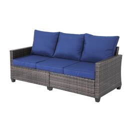 Decksplore - All-weather three-seater wicker patio sofa, premium outdoor furniture featuring brown wickerwork and thickened cushions - Blue