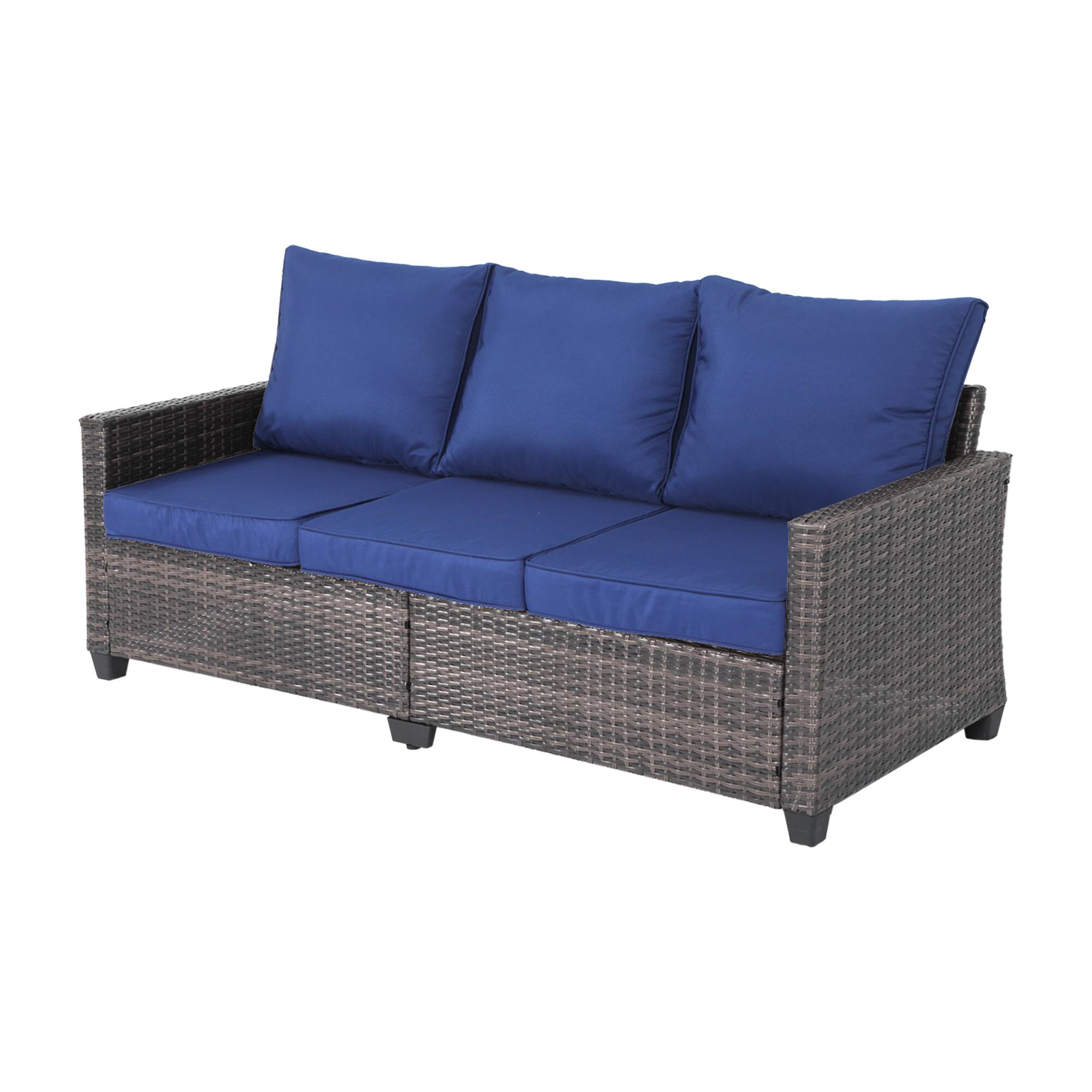 Front. Decksplore - All-weather three-seater wicker patio sofa, premium outdoor furniture featuring brown wickerwork and thickened cushions - Blue.