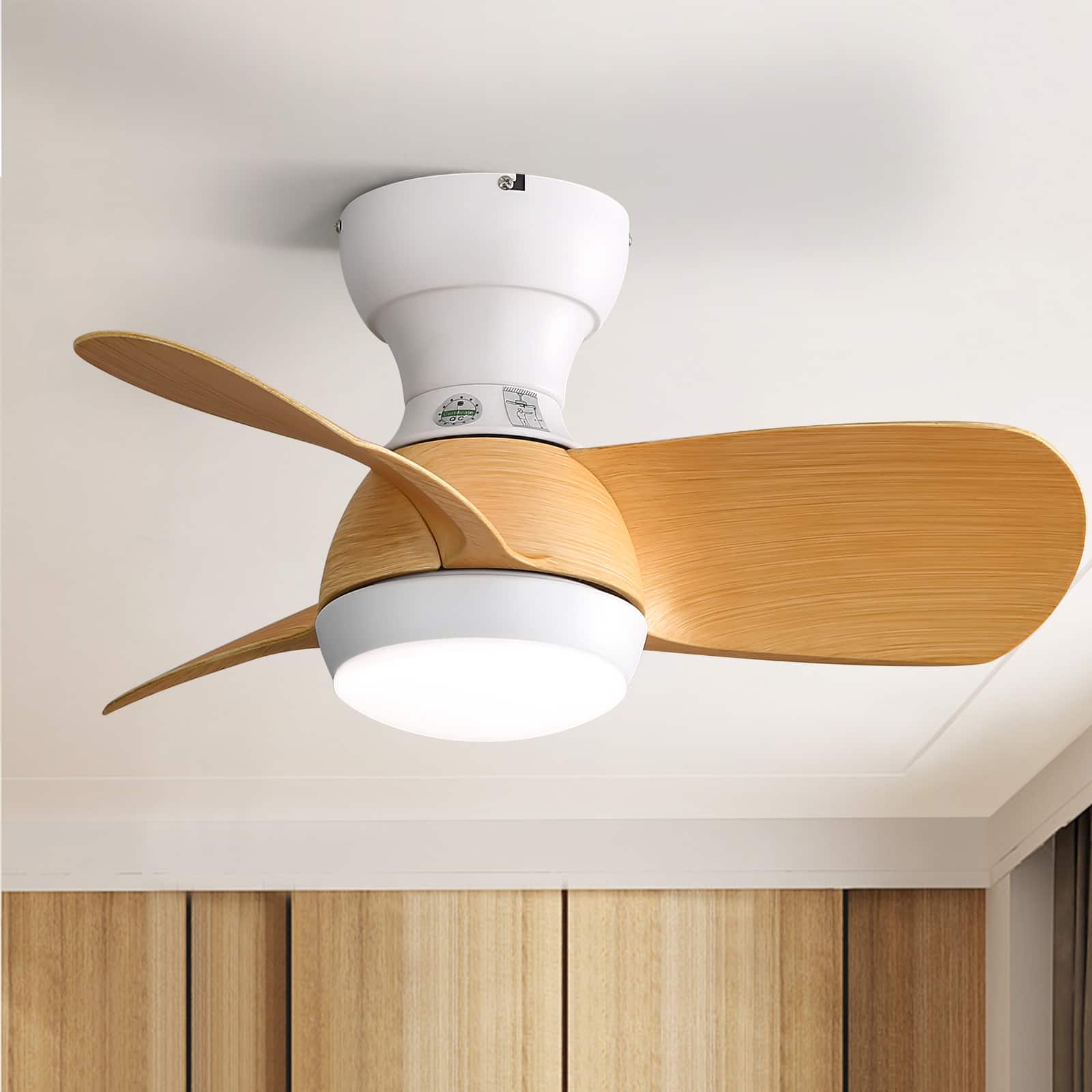 Sofucor - 23-Inch Ceiling Fans with Light Reversible Quiet DC Motor Modern Ceiling Fan for Indoor Small Bedroom Living Room - White- Natural