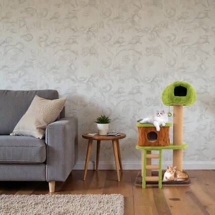 Front. BreeBe - Cute Multi-Level Cat Tree Featuring Mushroom-Style Hideout and Ladder for Climbing - Green.