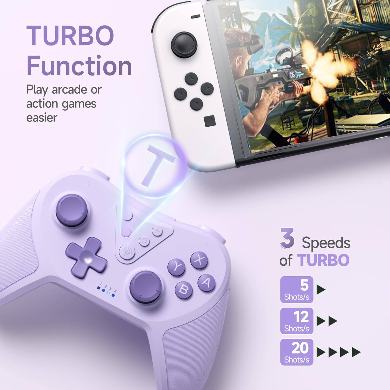 TURBO Function  
Play arcade or action games easier  

3 Speeds of TURBO  
5 Shots/s  
12 Shots/s  
20 Shots/s