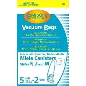 A MUST FOR ALLERGY SUFFERERS

EnviroCore TECHNOLOGIES Vacuum Bags

99.7% Filtration Traps Microscopic Particles and Allergens
Particules et Allergenes Microscopiques de Pleges Fitration Particulas Alergenicos Microscopicos de los Desvios

Designed to Fit: Concus Pour: Diseado a Medida:
Miele Canisters Styles F, J and M

5 BAGS + 2 FILTERS