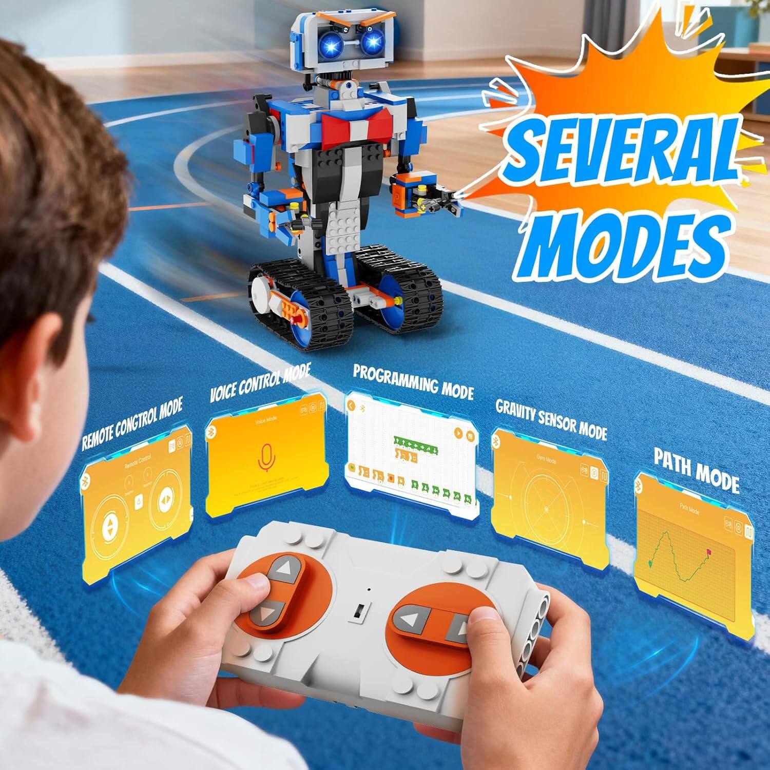 Several Modes

Control Mode
Programming Mode
Voice Mode
Gravity Sensor Mode
Remote Control Mode
Path Mode