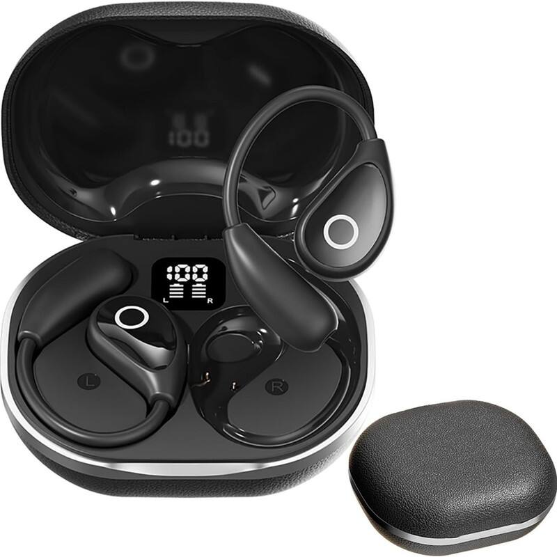 Angle. RISOKEYS - Open-Ear Wireless Bluetooth Earbuds, with LED Digital Display Charging Case,Lightweight,for Running & Commuting,Black.