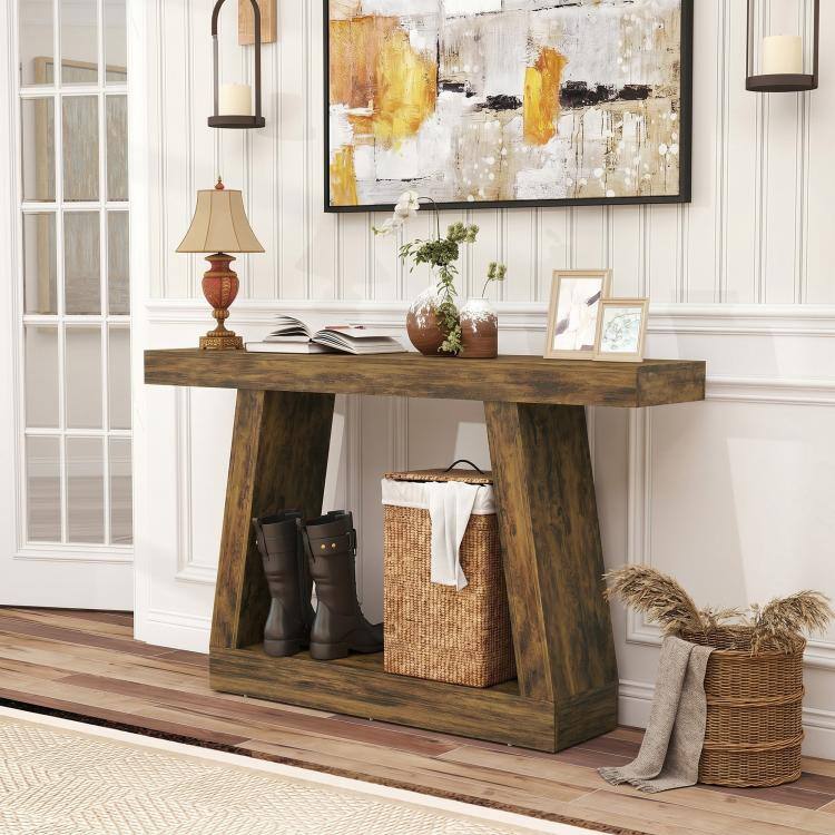 Alt View 6. PULUZ - 55 inch Farmhouse Console Table, 2-Tier Entryway Table with Storage for Hallway, Living Room, Behind Couch - Rustic Brown.