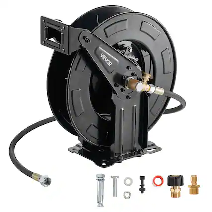 Front. VEVOR - Pressure Washer Hose Reel, 50 ft x 3/8 inch Retractable Power Heavy-Duty Steel Washer Hose Reel, 4000PSI Max - Black.