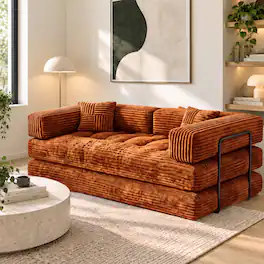 Vipbear - 78.7" Folding Boneless Couch with Fixed-Shape Frame, Corduroy Floor Sofa Loveseat Sleeper - Orange
