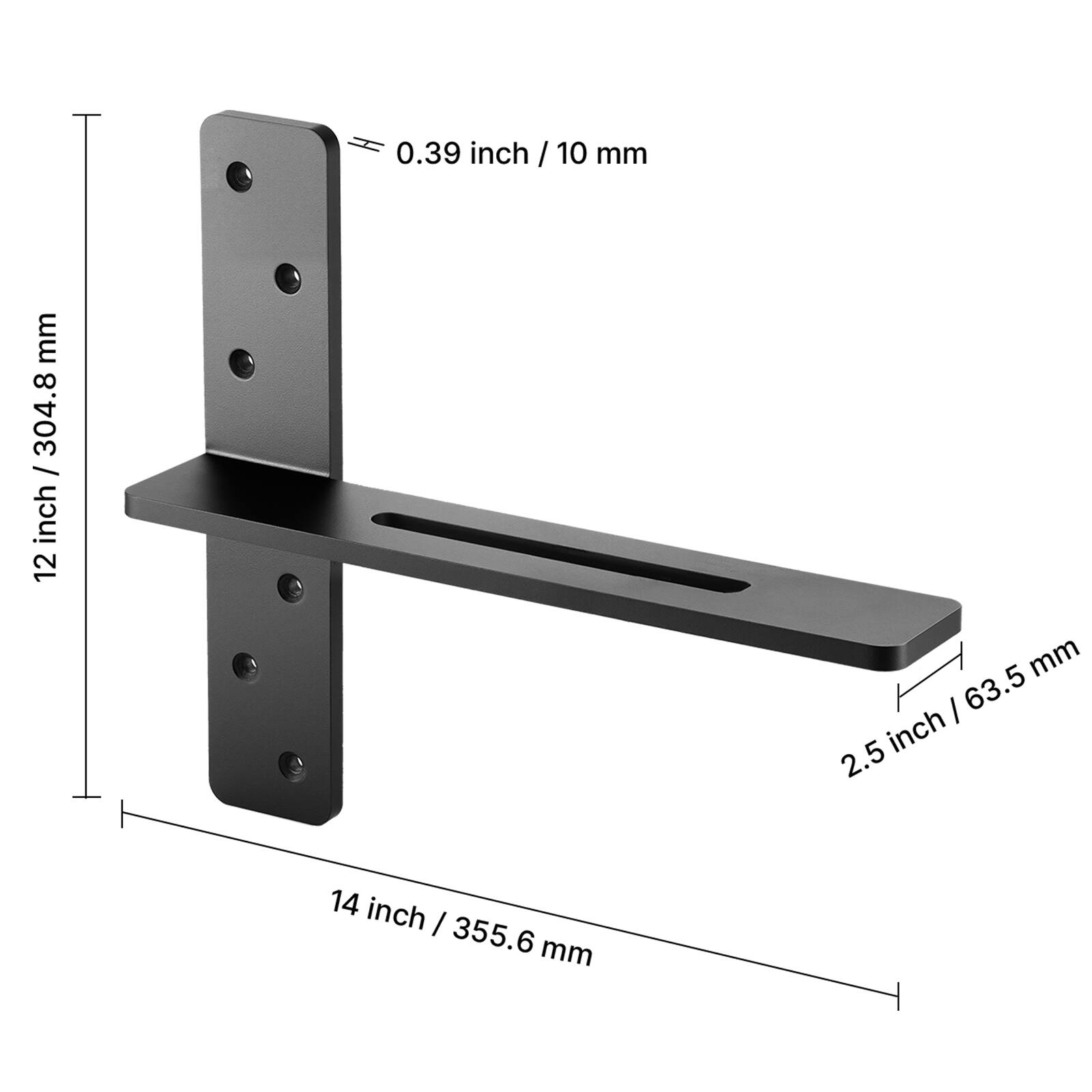 0.39 inch / 10 mm, 12 inch / 304.8 mm, 2.5 inch / 63.5 mm, 14 inch / 355.6 mm