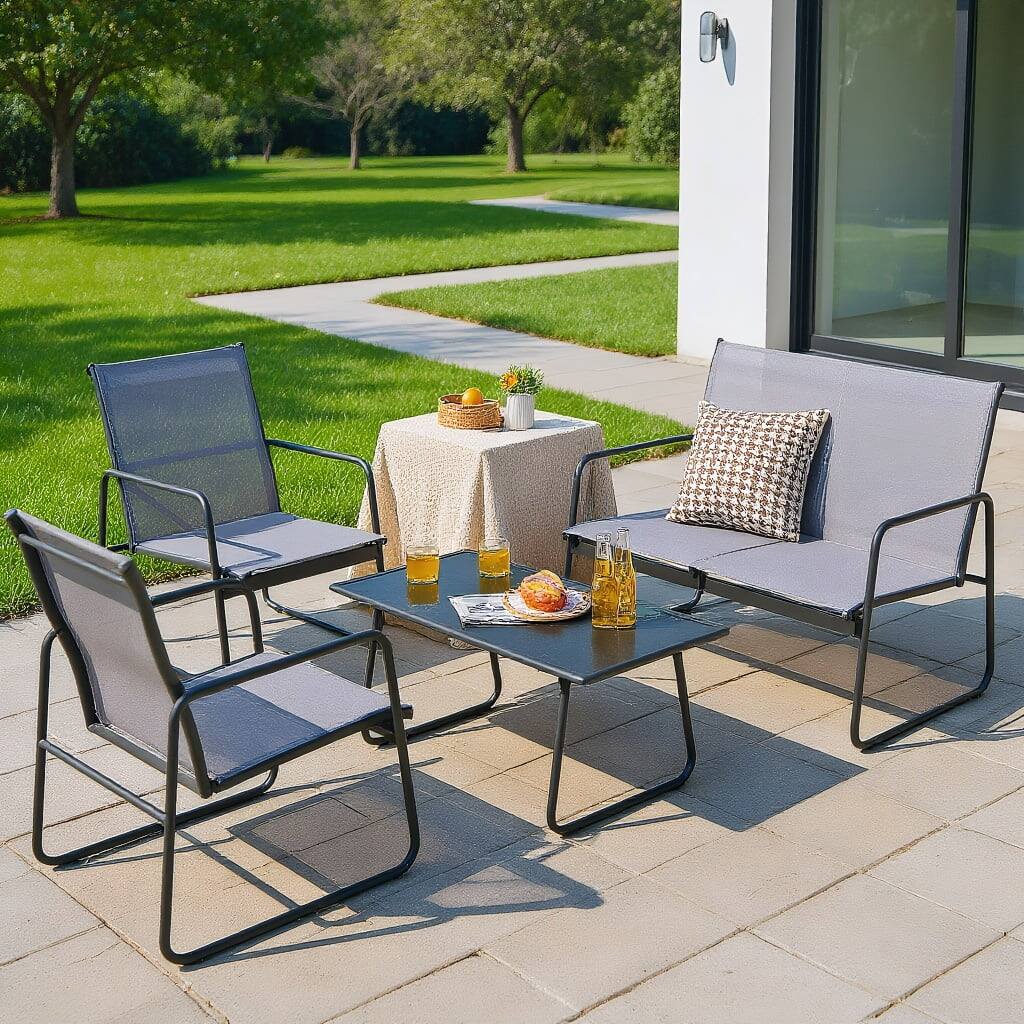 Front. Kadyn - 4 Pieces of Metal Patio Furniture Chat Set, Small Patio Conversation Furniture Set with Glass Coffee Table - Gray.