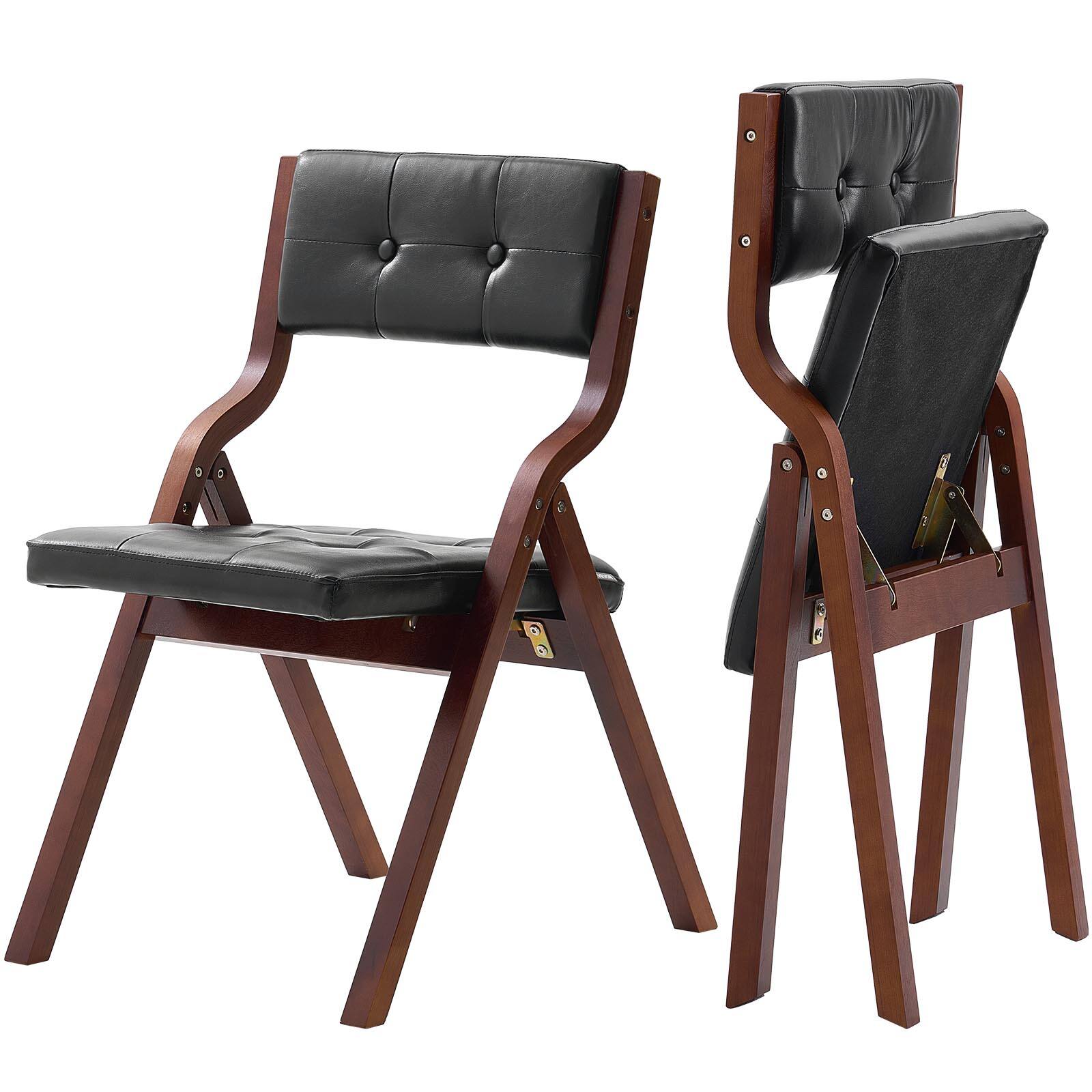 Front. VEVOR - Wooden Folding Chairs with Leather Cushion, Set of 2, Portable Foldable Cushion Chair with Wooden Frame, Easy Assembly - Black.