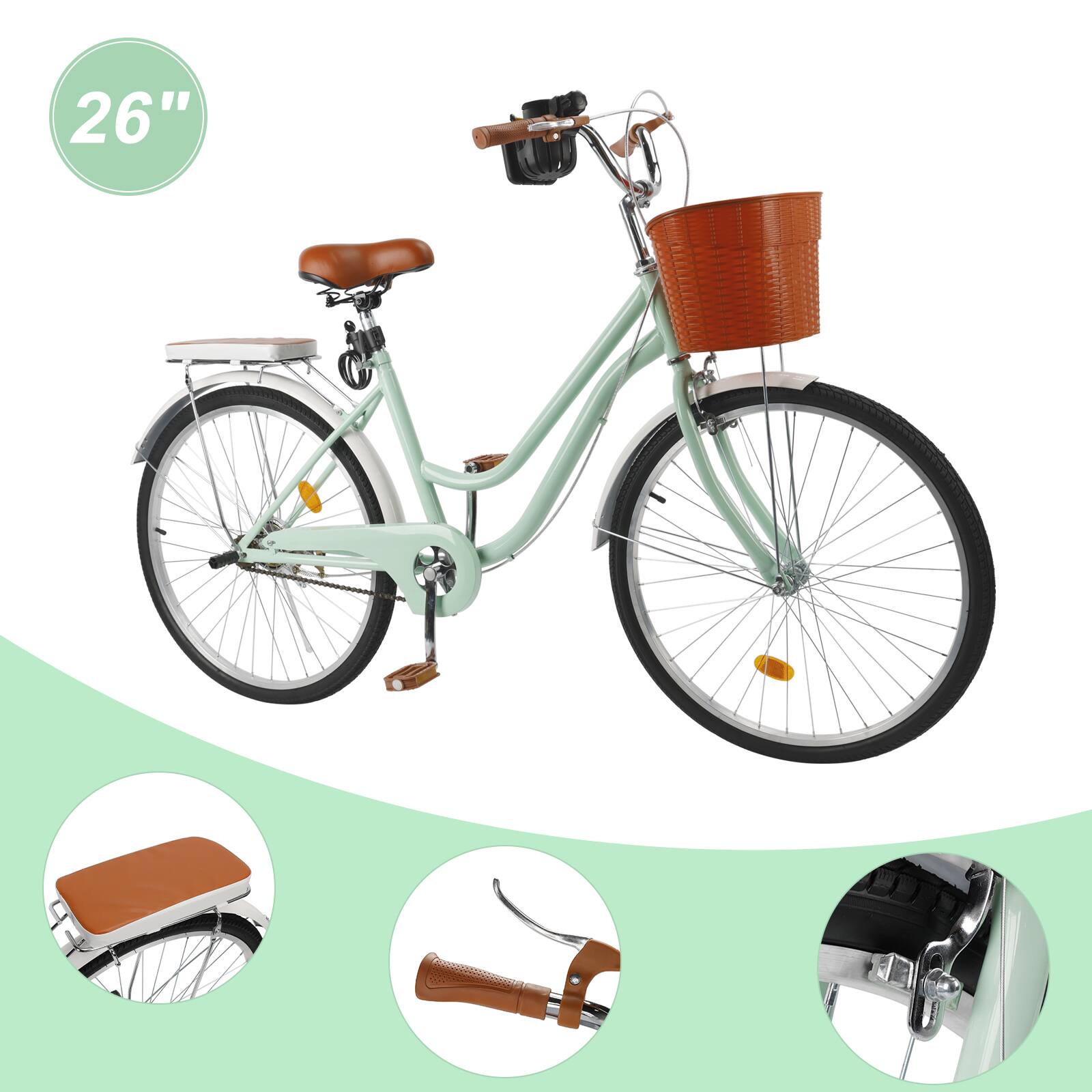 Alt View 1. Topteng - 26 Inch Beach Cruiser Bike for Adult -Low Step Design, Basket & Rack, High Carbon Steel Frame, Dual Brakes Bicycle Green - Green.