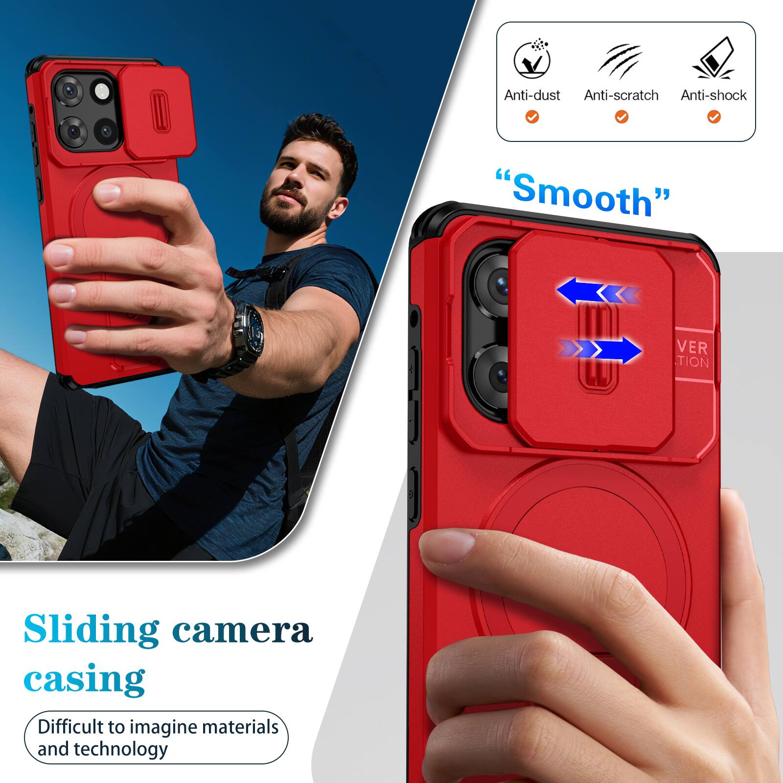 Anti-dust  
Anti-scratch  
Anti-shock  
"Smooth"  
Sliding camera casing  
Difficult to imagine materials and technology