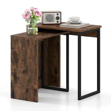 Front. Costway - Costway Set of 2,Nesting Coffee Table 2-in-1 Faux Wood Top Sofa Side Table Rustic Brown - Rustic Brown + Black.