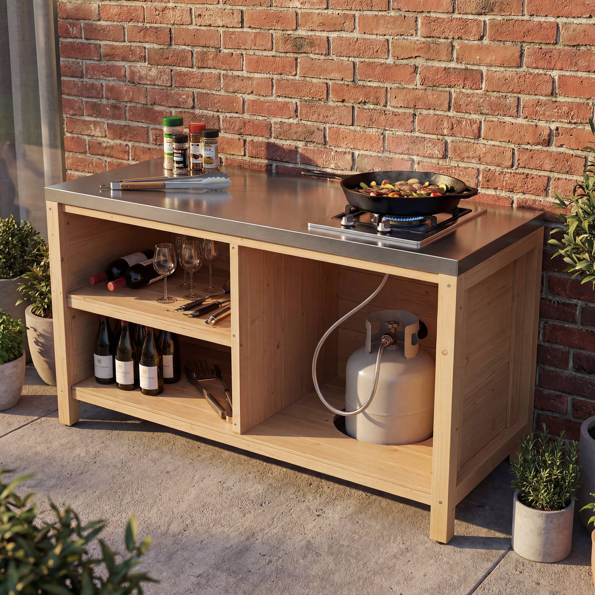 Back. Famapy - Modular Solid Cedar Outdoor Kitchen Cabinets - All-Weather Storage with Stainless Steel Top for Patio, Grill Station - Wooden.