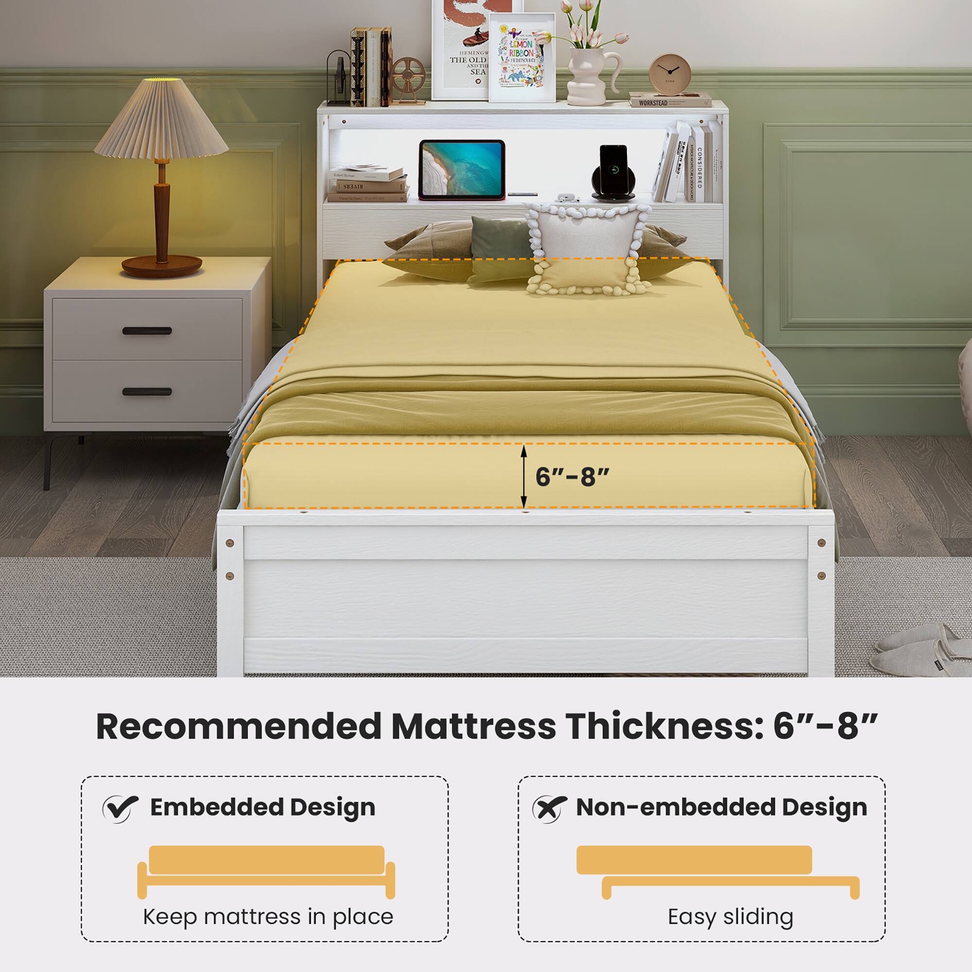 Recommended Mattress Thickness: 6"-8" Embedded Design Non-embedded Design Keep mattress in place Easy sliding