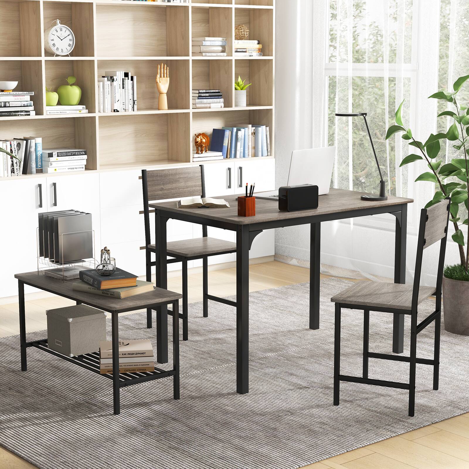 Alt View 8. Ecooso - Rustic 4 Piece Dining Table Set with 2 Chairs and Bench for Farmhouse Kitchen - Gray.