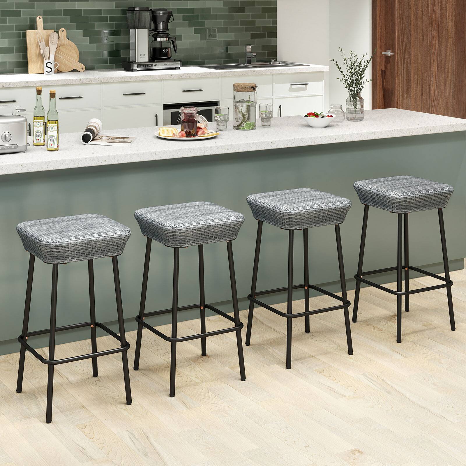 Alt View 8. Gymax - Gymax 29.5'' Metal Bar Height Stools Set of 2 w/ Rattan Seat & Footrest for Backyard - Mix Gray.