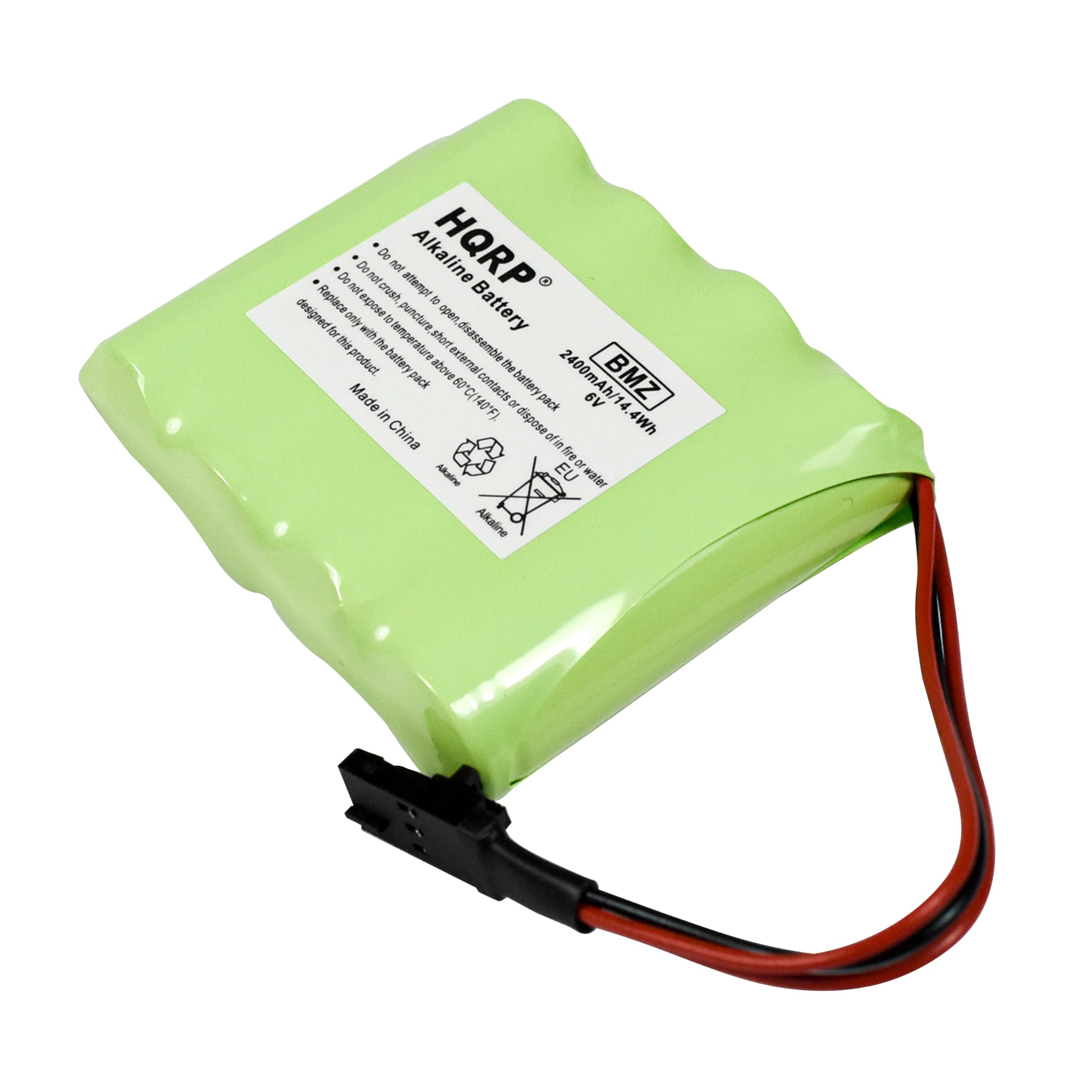 HQRP Alkaline Battery BMZ  
2400mAh/14.4Wh  
6V  
Made in China  

- Do not attempt to crush, puncture, or dispose of in fire.  
- Do not expose to temperatures above 140°F (60°C).  
- Do not disassemble the battery pack.  
- Designed only for this product.  
- Do not expose to water.  
- Alkaline battery pack.  
- EU warning.