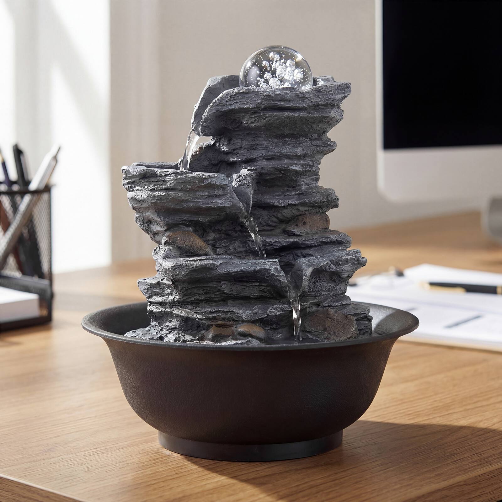 Alt View 4. Gymax - Gymax Tabletop Water Fountain w/Rolling Crystal Ball Color-Changing LED Light Pump - Black.