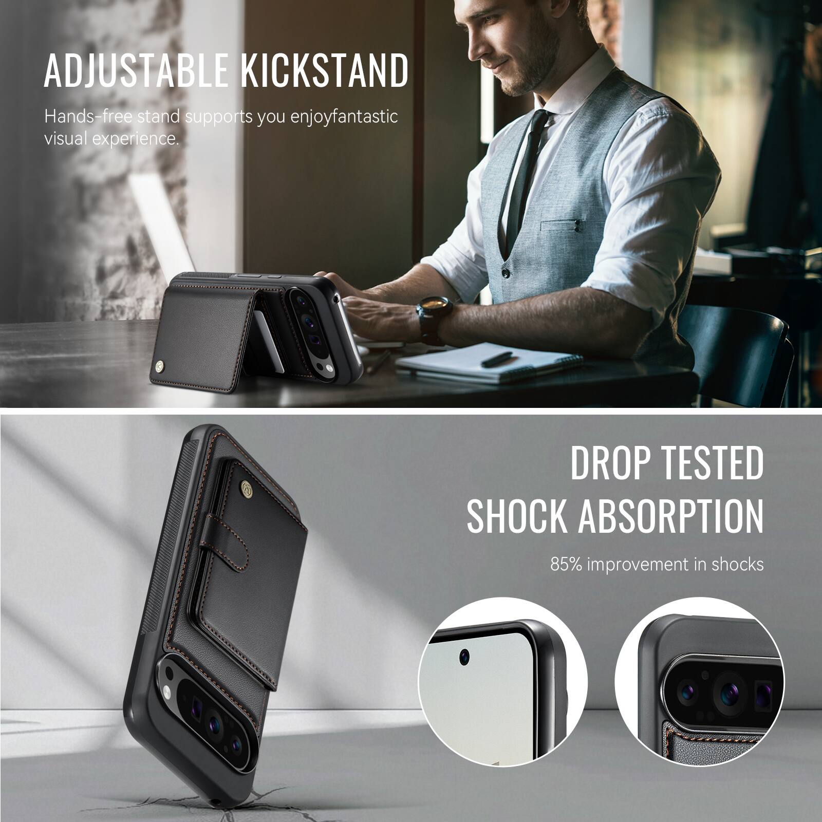 ADJUSTABLE KICKSTAND  
Hands-free stand supports you enjoy fantastic visual experience.  

DROP TESTED SHOCK ABSORPTION  
85% improvement in shocks
