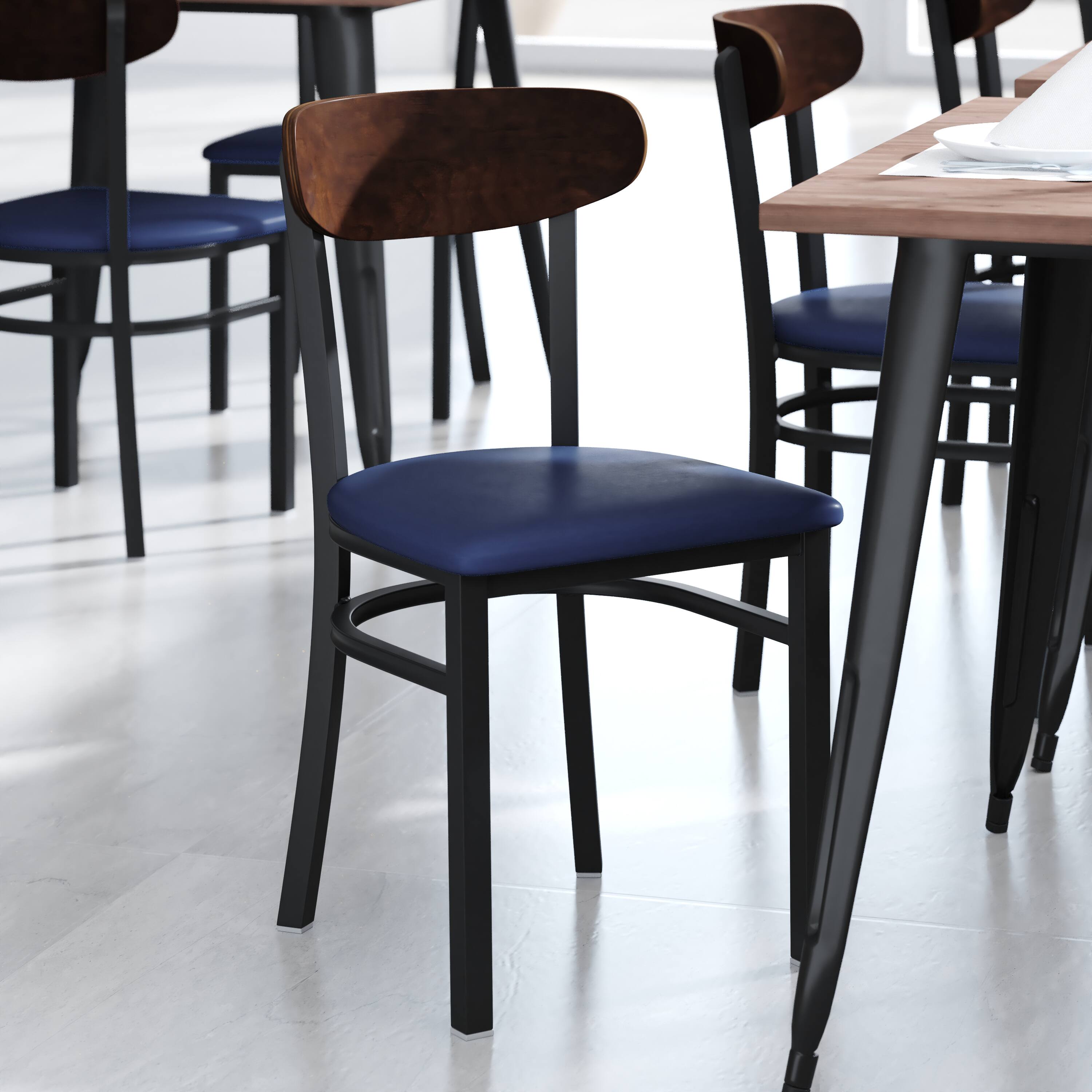 Alt View 1. Emma + Oliver - Yara Industrial Dining Chair with Rolled Steel Frame and Solid Wood Seat - 500 lbs. Static Weight Capacity - Walnut Wood Back/Blue Vinyl Seat.