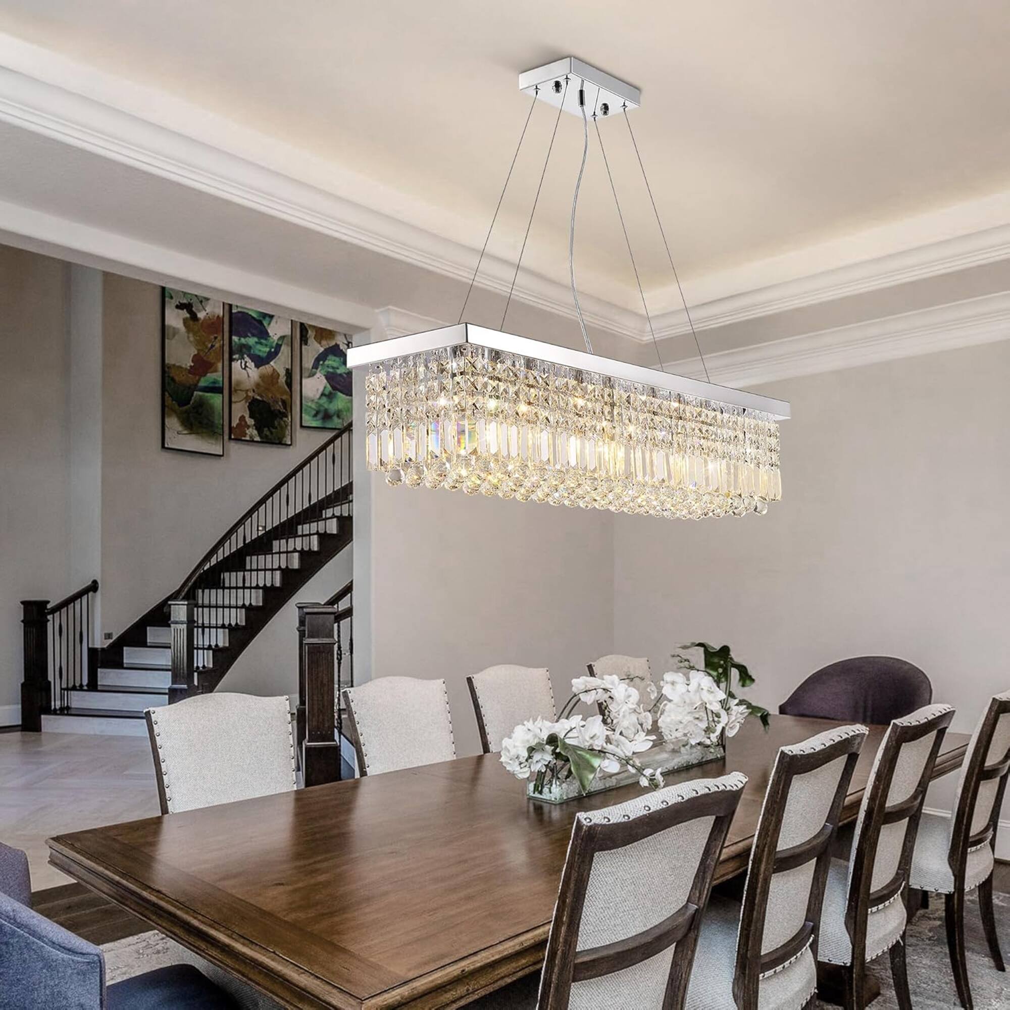 Angle. Siljoy - 31.5" 6-Light Chrome Linear Crystal Chandelier, Adjustable K9 Crystal Pendant Light for Kitchen Island Dining Room Foyer - Chrome.