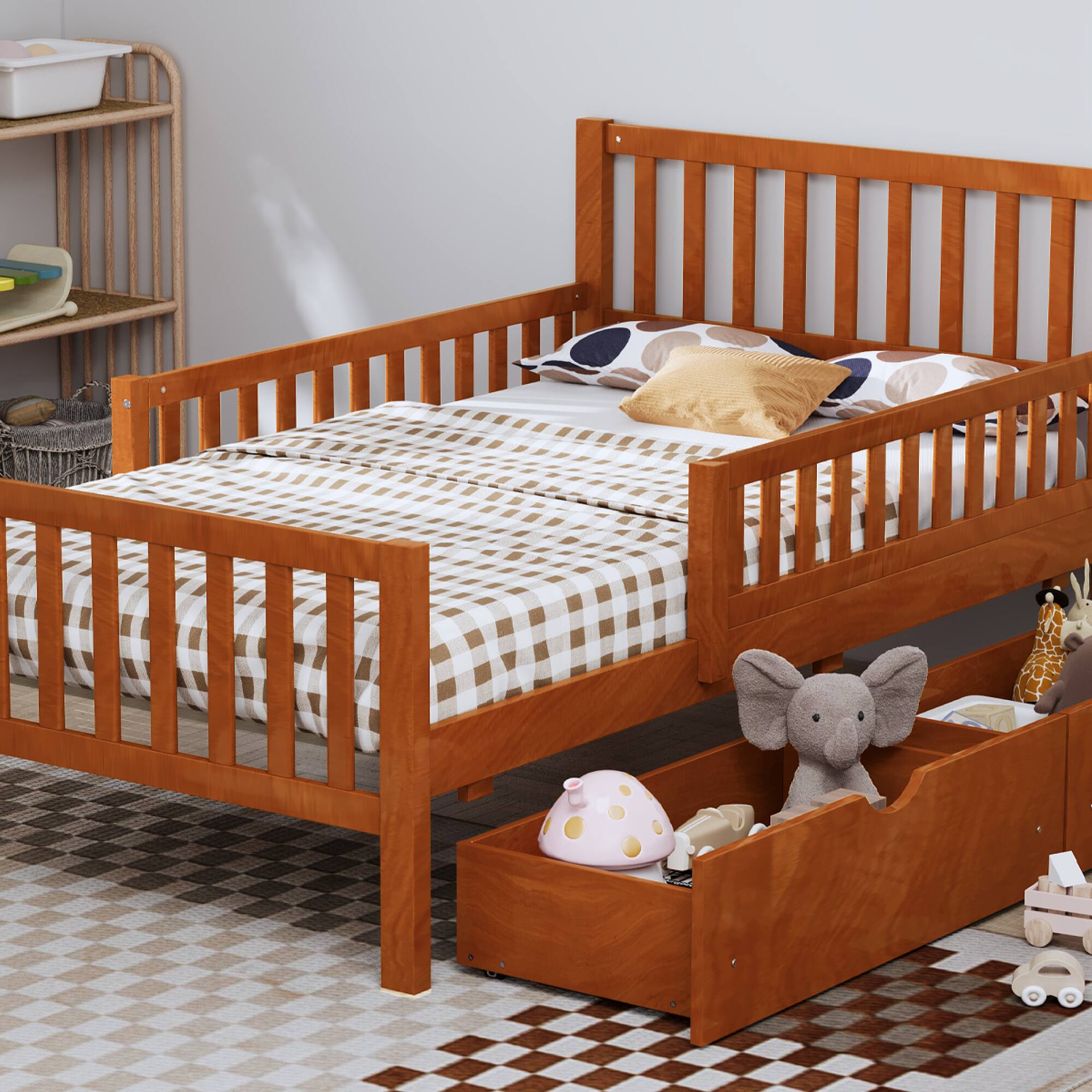 Alt View 9. GOODSILO - Twin Size Wood Platform Bed with Dual Guardrails and Underbed Storage Drawers for Enhanced Safety and Organization - Walnut.