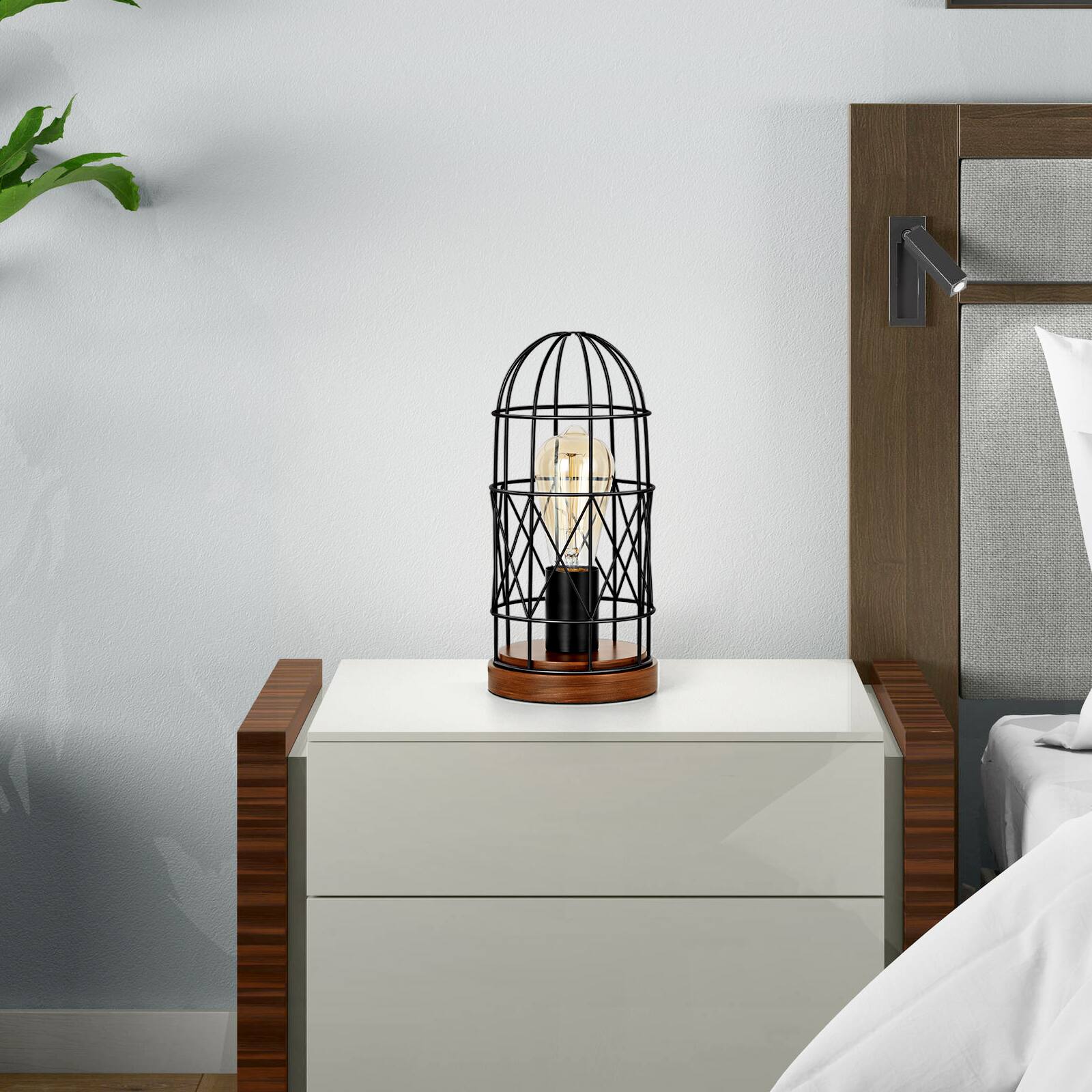 Alt View 1. Oumilen - Industrial Birdcage Table Lamp with Wood Base – Vintage Metal Cage Desk Lamp for Bedroom, Living Room.