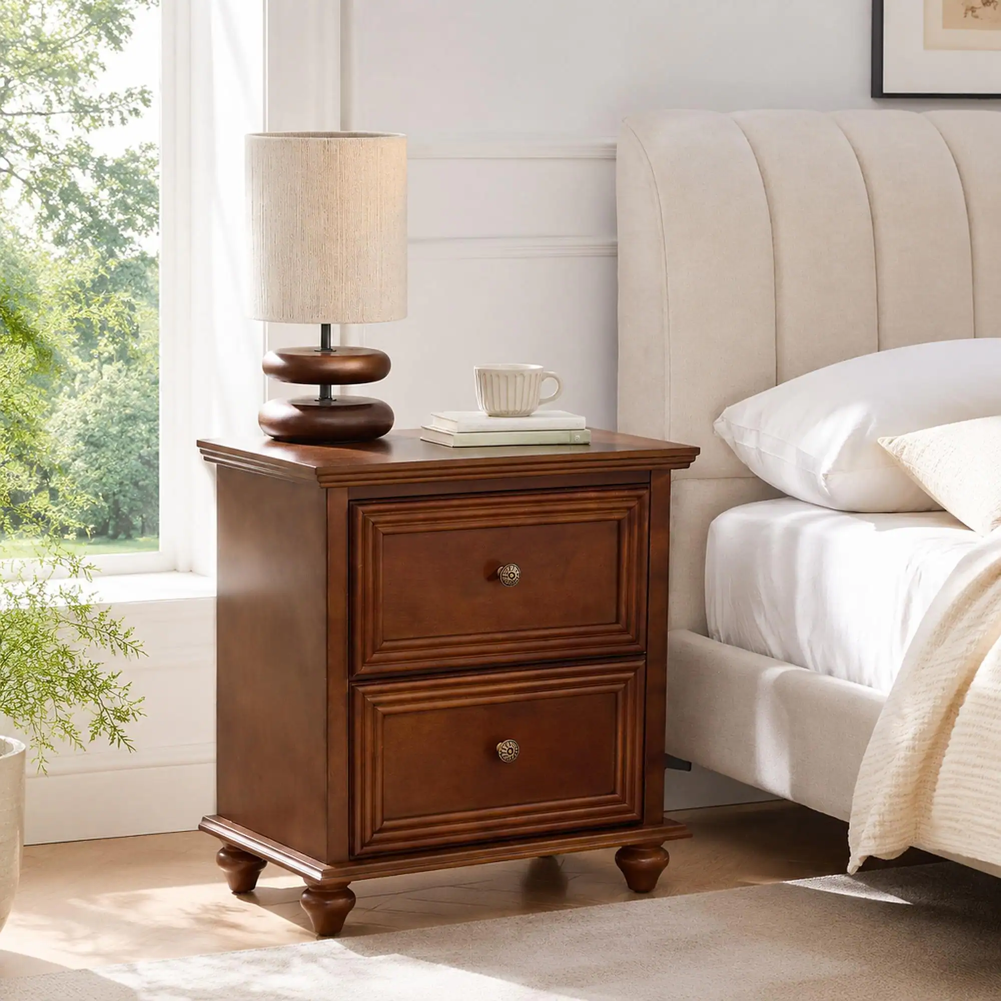 Front. RYHNUYNE - 22.9 in Mid Century Modern Nightstand, Walnut Wood End Table, 2 Drawers, Charging Station, USB Ports, Living Room - Walnut.
