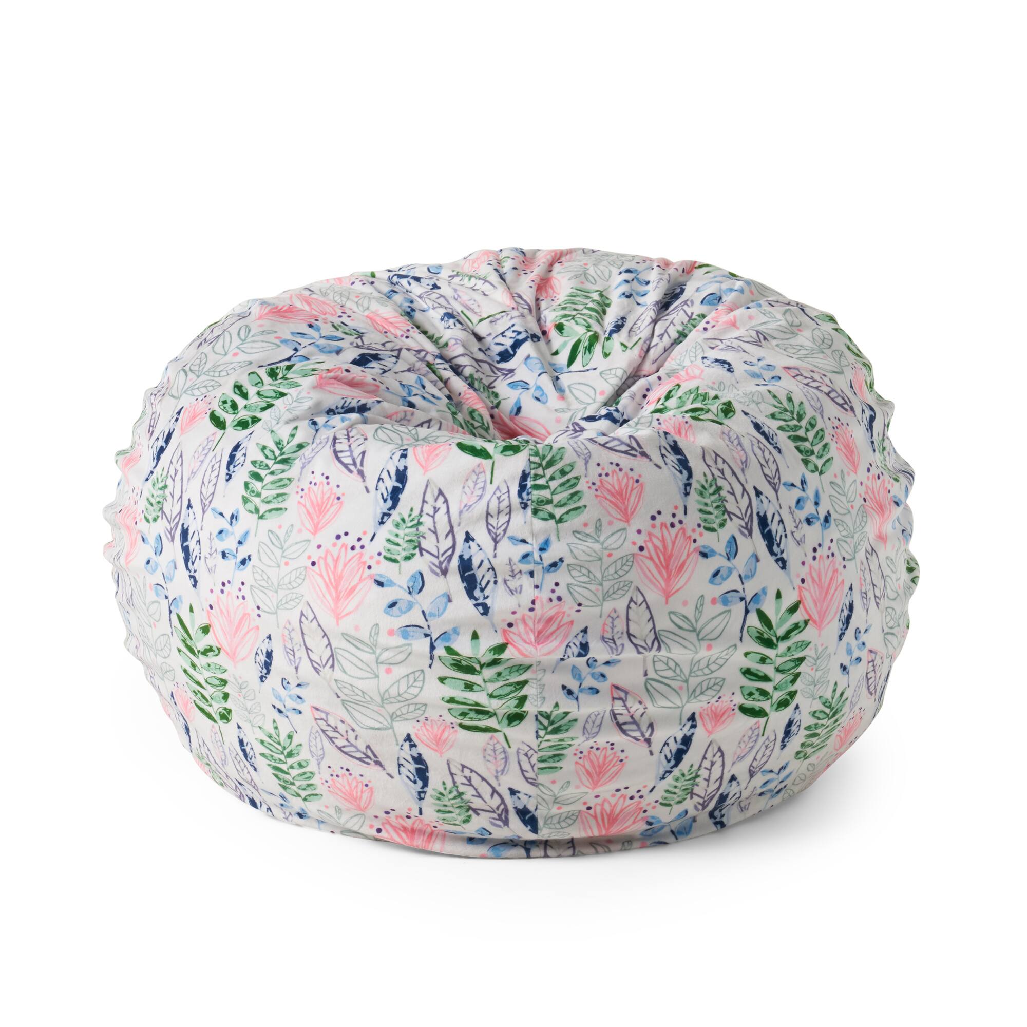 Front. GOODSILO - Leaf Print Rounded Bean Bag Chair with Removable Cover - Comfortable Foam Filled Seating for Living Room or Bedroom - White Tossed Botanical.