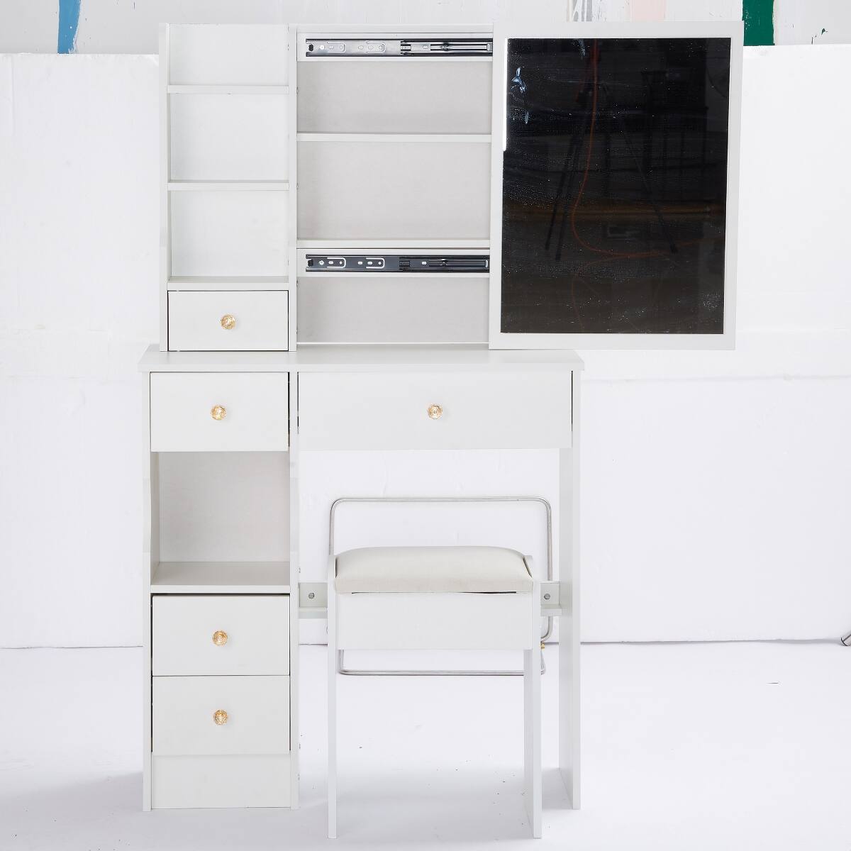 Alt View 6. Loheer - Loheer Small Space Vanity Table with Padded Stool, White MDF, Sliding Mirror and Multi Layer Storage - White.