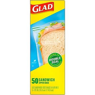 GLAD LOCKS IN DOUBLE SEAL  
50 SANDWICH ZIPPER BAGS  
50 SANDWICH SIZE BAGS  
6-5/8 IN X 5-7/8 IN (16.8 cm X 14.9 cm)