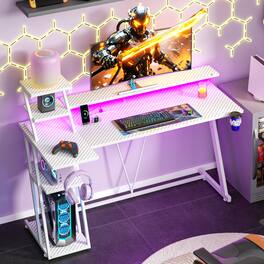 Furnulem - 55 In Gaming Desk with Monitor CPU StandHome Office Desk with Power OutletRGB LED LightsCup Holder Headphone Hook - White