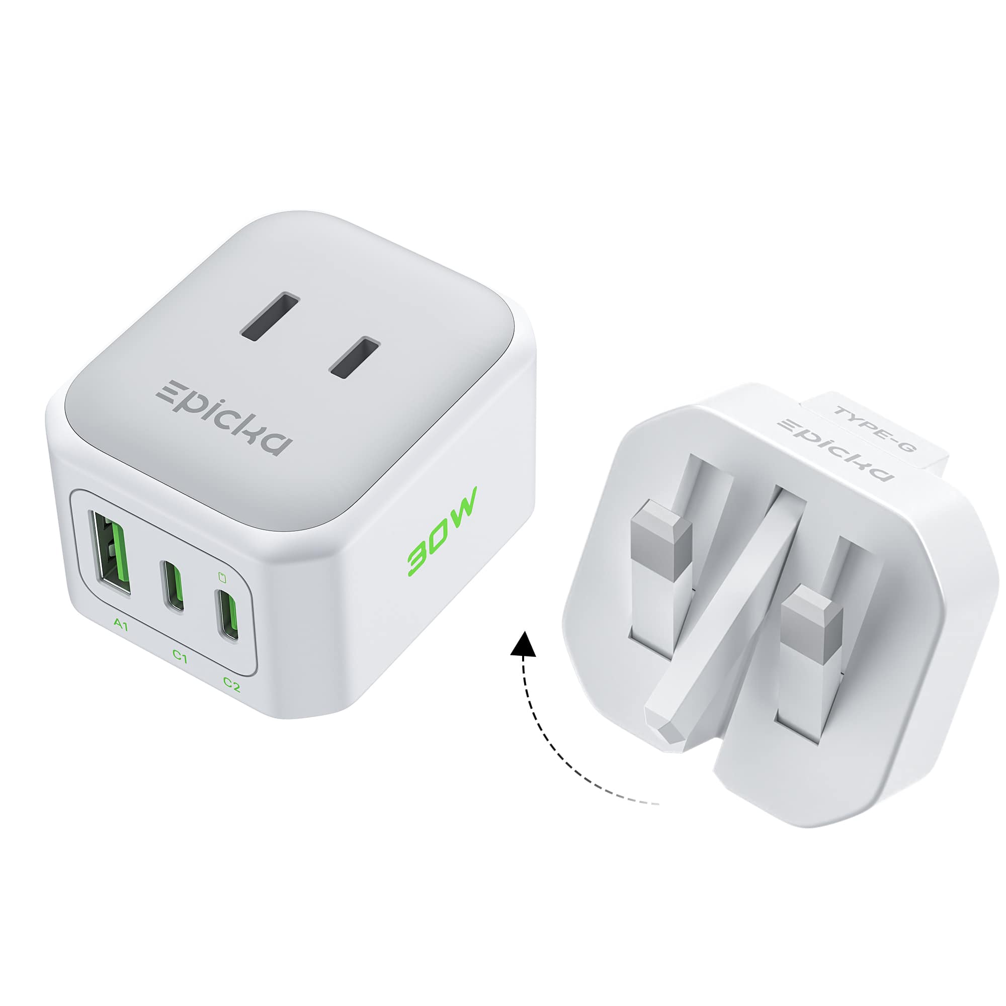 Epicka - Hybrid Mini International Power Adapter for US to Europe & England 30W PD Fast Charging 5-IN-1, Travel Essentials - White-Type G 1 Pack