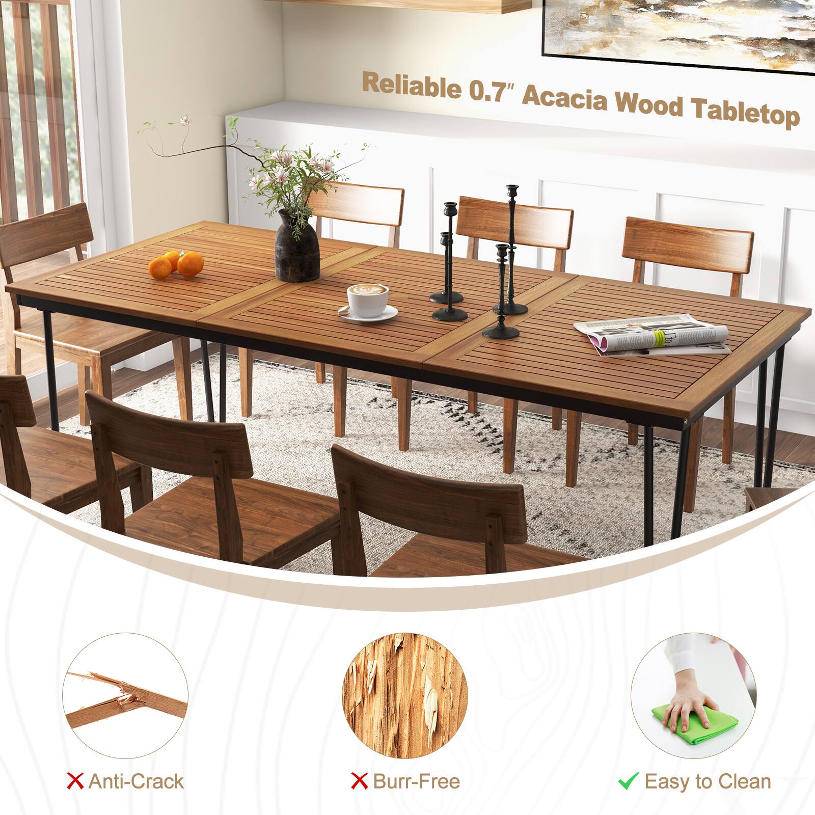 Reliable 0.7" Acacia Wood Tabletop, X Anti-Crack, X Burr-Free, Easy to Clean