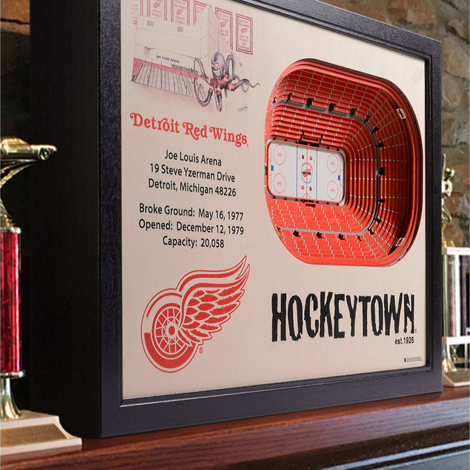 Detroit Red Wings  
Joe Louis Arena  
19 Steve Yzerman Drive  
Detroit, Michigan 48226  

Broke Ground: May 16, 1977  
Opened: December 12, 1979  
Capacity: 20,058  

HOCKEYTOWN  
est. 1926