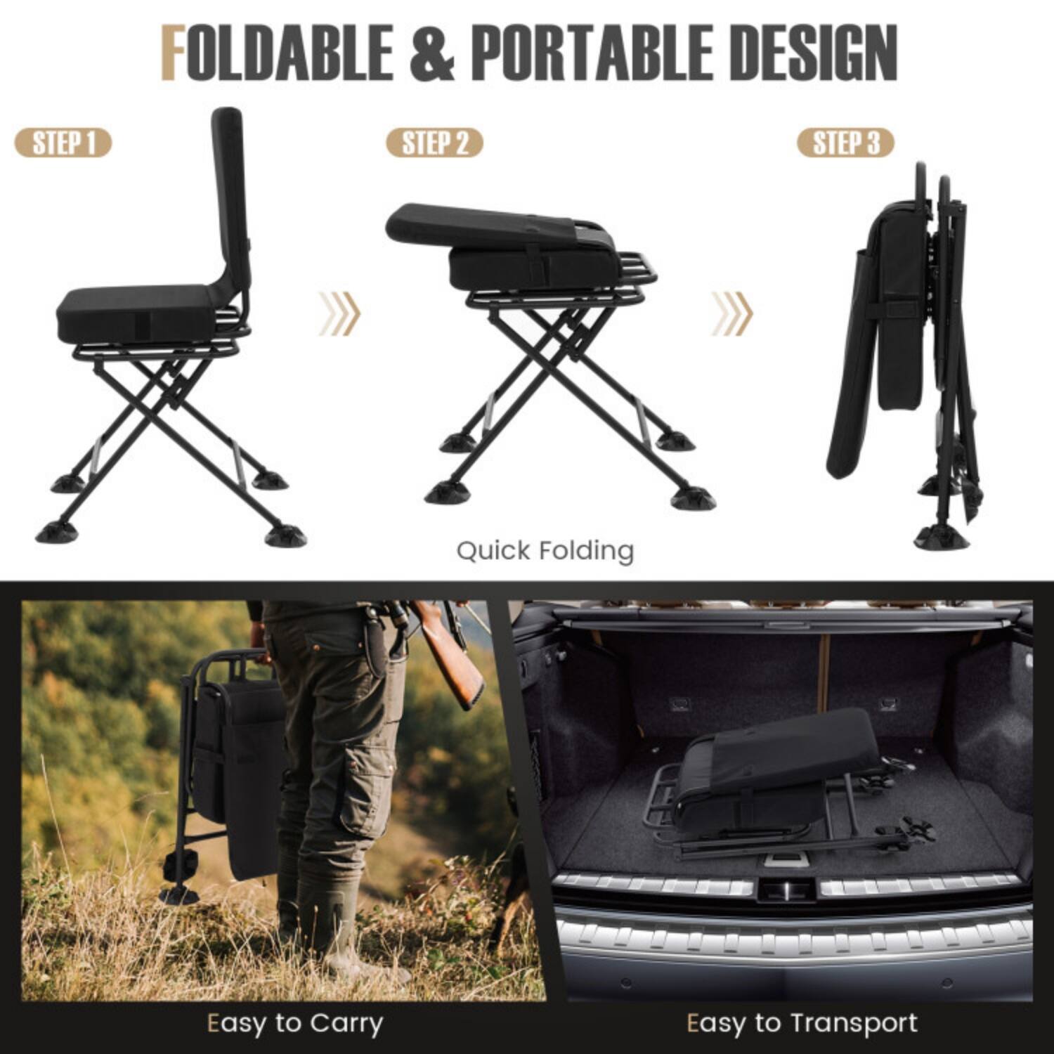FOLDABLE & PORTABLE DESIGN

STEP 1
Quick Folding

STEP 2

STEP 3

Easy to Carry

Easy to Transport