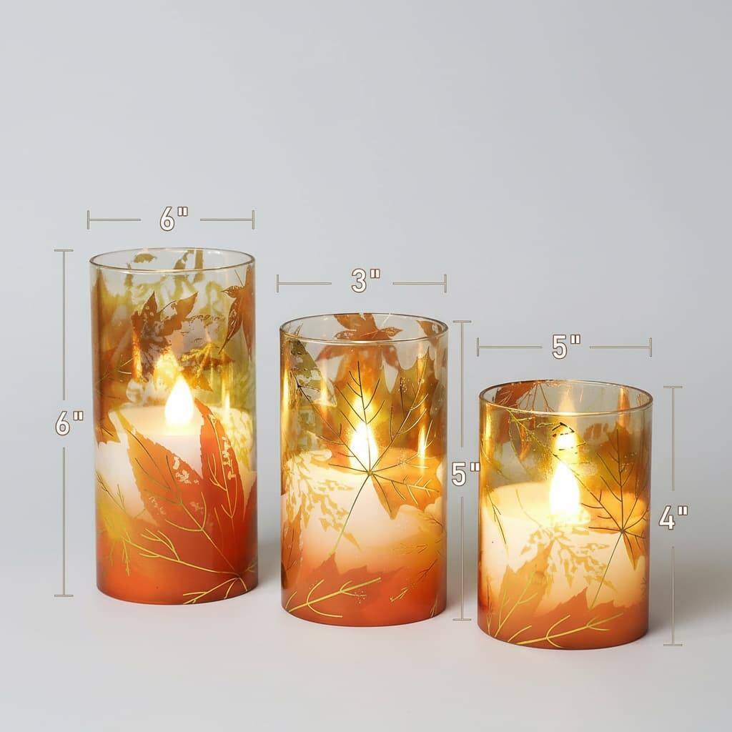 Alt View 1. FINEAK - Fall Decor Flameless Candles - Battery-Operated with Remote, Maple Leaf Glass LED Flickering Pillar, Timer - Orange.