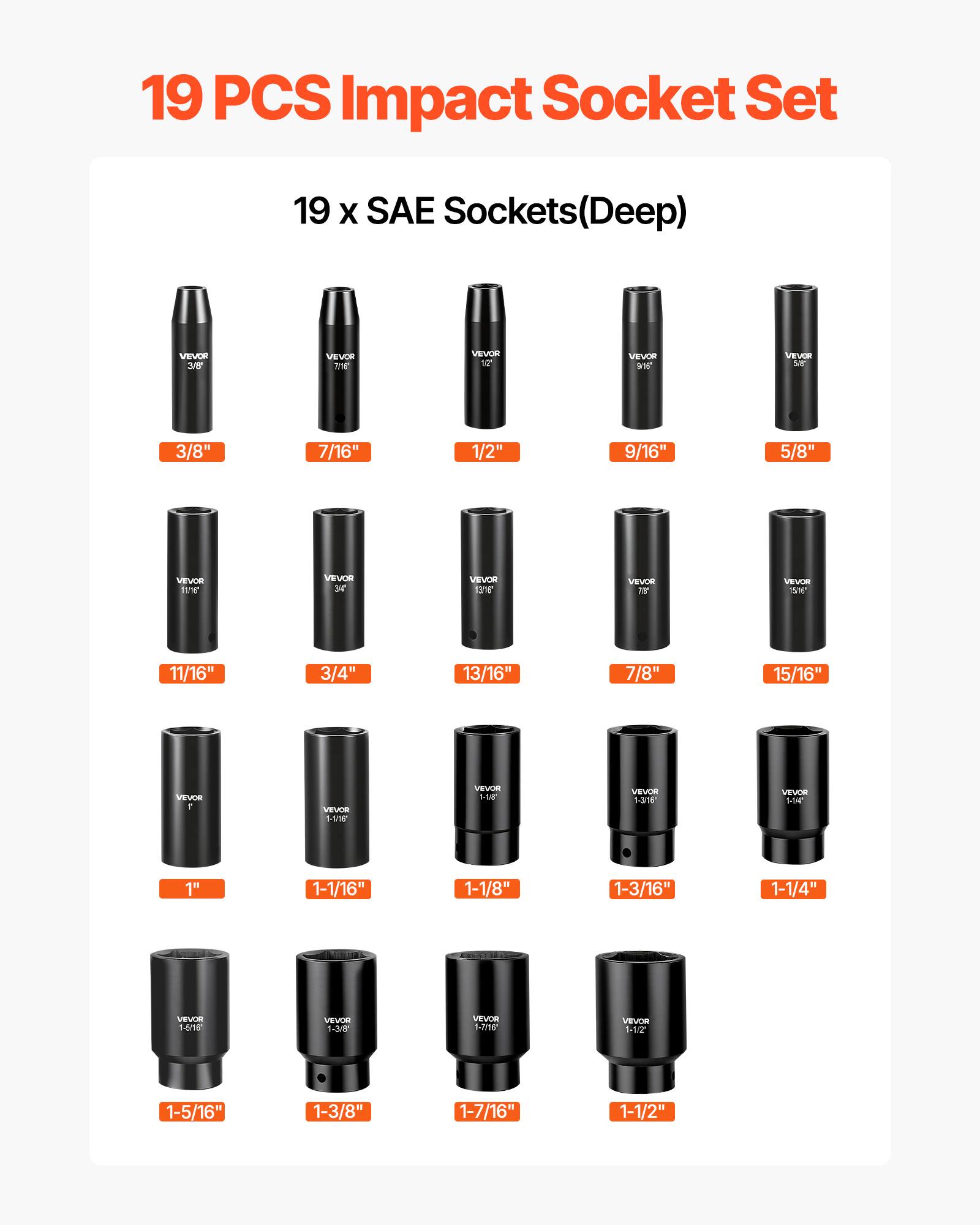 19 PCS Impact Socket Set  
19 x SAE Sockets (Deep)  
3/8"  
7/16"  
1/2"  
9/16"  
5/8"  
11/16"  
3/4"  
13/16"  
7/8"  
15/16"  
1"  
1-1/16"  
1-1/8"  
1-3/16"  
1-1/4"  
1-5/16"  
1-3/8"  
1-7/16"  
1-1/2"