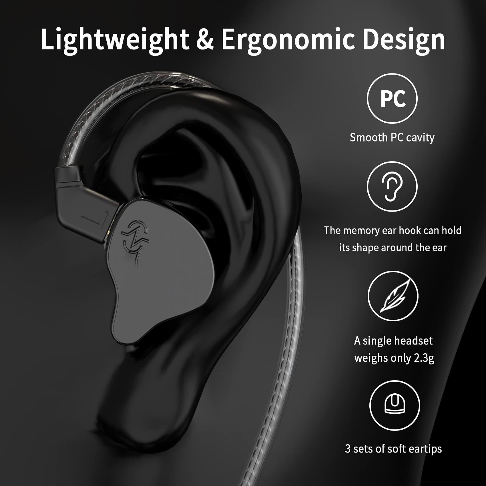 Lightweight & Ergonomic Design

- Smooth PC cavity
- The memory ear hook can hold its shape around the ear
- A single headset weighs only 2.3g
- 3 sets of soft eartips