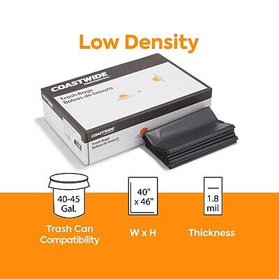 Low Density  
COASTWIDE Bogs basura Trash de Bolsas  
COASTWIDE Bogs bolsa de basura  
40-45 Gal.  
40" x 46"  
1.8 mil  
Trash Can Compatibility  
W x H  
Thickness
