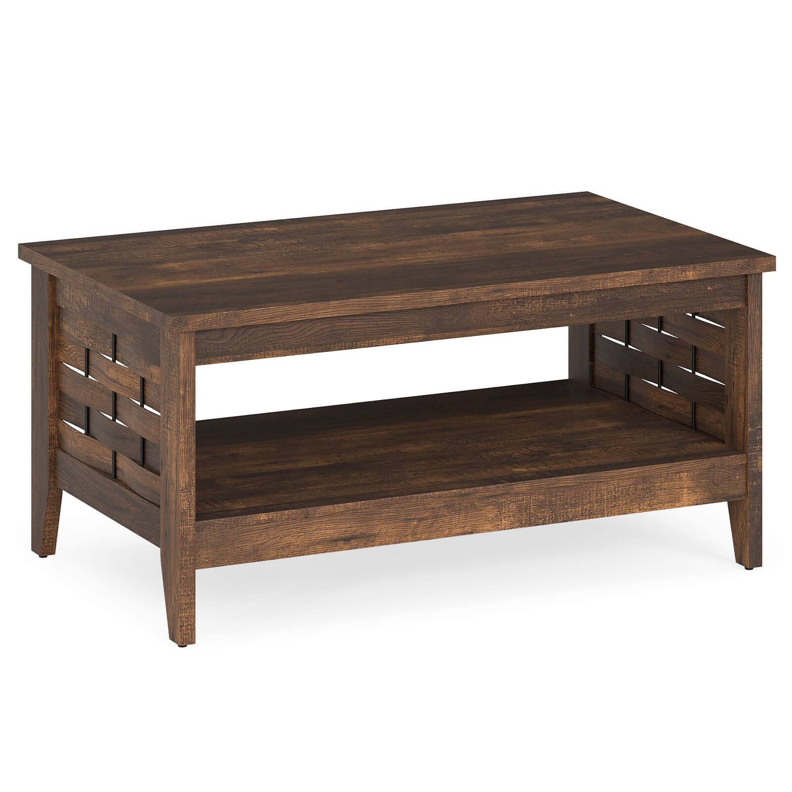 Alt View 9. Costway - Costway 39.5" 2-Tier Coffee Table with Open Shelf Woven Decorations Storage for Living Room - Brown.