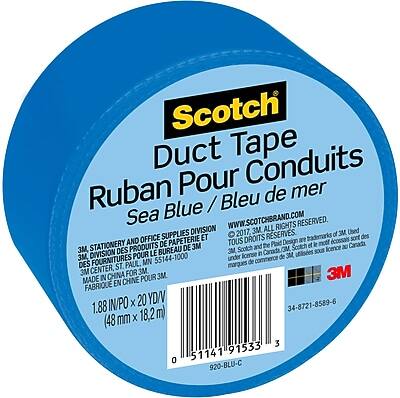 Scotch Duct Tape  
Ruban Pour Conduits  
Sea Blue / Bleu de mer  

WWW.SCOTCHBRAND.COM  
RIGHTS RESERVED.  
DIVISION 2017.  

3M STATIONERY AND OFFICE SUPPLIES DIVISION  
3M CENTRE DES FOURNITURES DE BUREAU  
3M, ST. PAUL, MN 55144-1000  
MADE IN CHINA / FABRIQUÉ EN CHINE  

3M ALL RIGHTS RESERVED.  
3M, STATIONERY AND OFFICE SUPPLIES DIVISION  
3M, STATIONERY AND OFFICE SUPPLIES DIVISION  
3M, STATIONERY AND OFFICE SUPPLIES DIVISION  
3M, STATIONERY AND OFFICE SUPPLIES DIVISION  

3M DES PRODUITS BUREAU DE 3M  
3M DES PRODUITS BUREAU DE 3M  
3M DES PRODUITS BUREAU DE 3M  
3M DES PRODUITS BUREAU DE 3M  

Scotch Scottch sous licence a 3M.  
DIVISION POUR LE CANADA  
DES FOURNITURES DE
