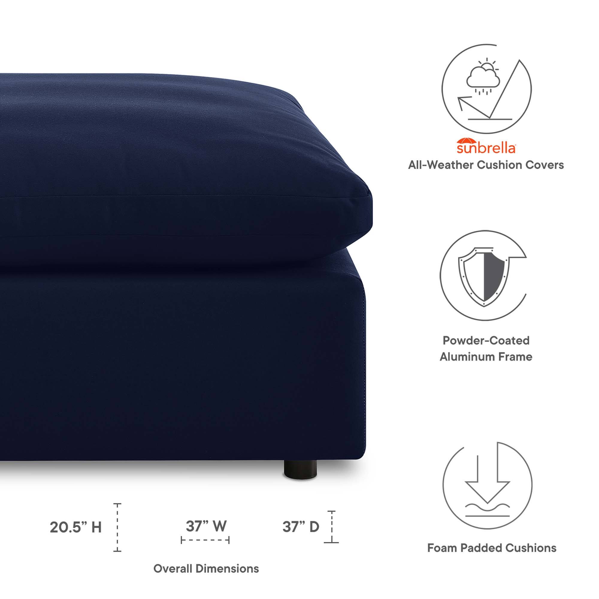 Sunbrella All-Weather Cushion Covers  
Powder-Coated Aluminum Frame  
Foam Padded Cushions  
Overall Dimensions: 20.5" H x 37" W x 37" D
