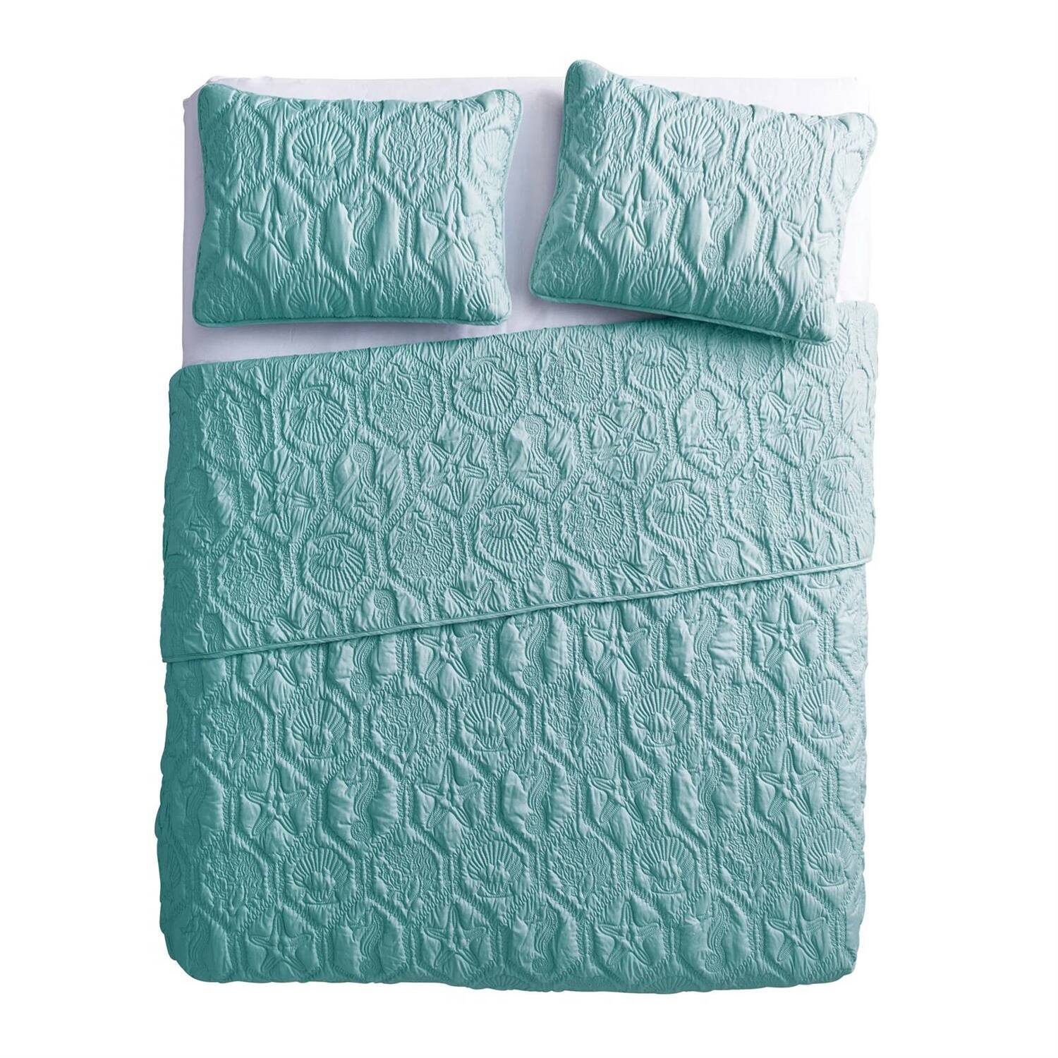 Back. Hivvago - King Coastal Beach Starfish Seashell Seahorse Aqua Blue Teal 3-Piece Quilt Set - Aqua Blue.