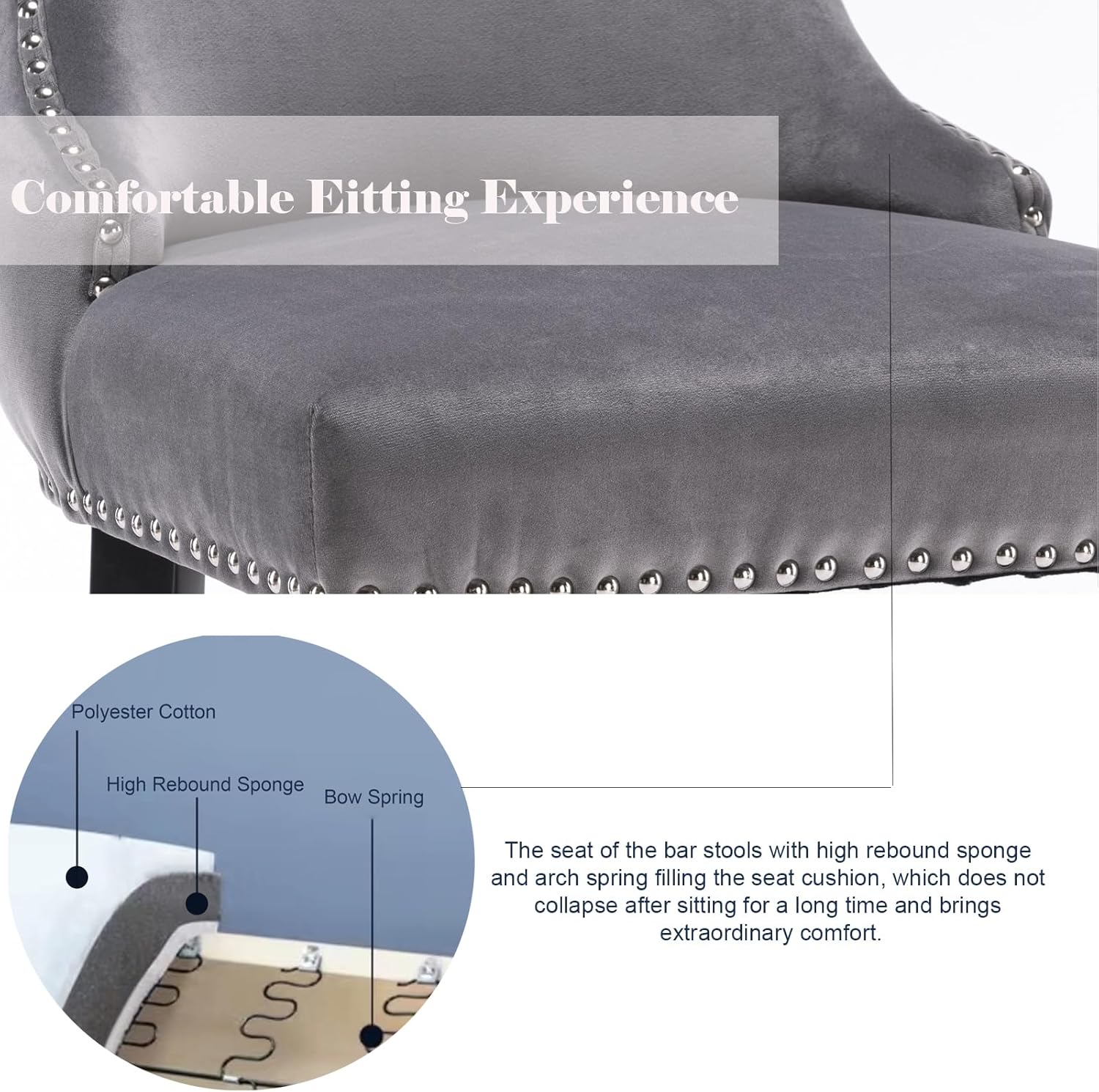 Comfortable Editing Experience

The seat of the bar stools with high rebound sponge and arch spring filling the seat cushion, which does not collapse after sitting for a long time and brings extraordinary comfort.

- Polyester Cotton
- High Rebound Sponge
- Bow Spring